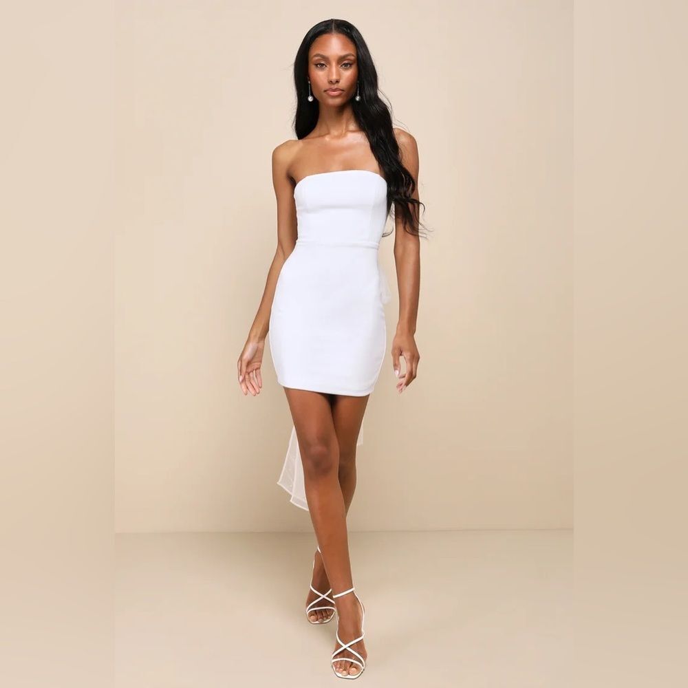 Lulus Flawless Entrance White Pearl Organza Bow Strapless Mini Dress